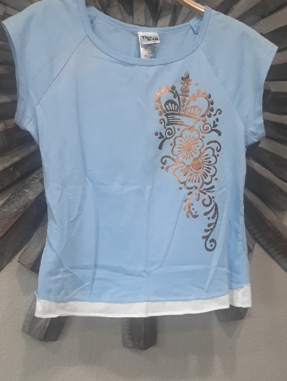 Light Blue Graphic Tee with Floral Gold Crown Accent